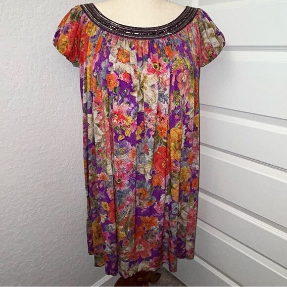 Argenti Floral Print Embellished Short Sleeve Baby Doll A-Line Dress - Picture 11 of 11